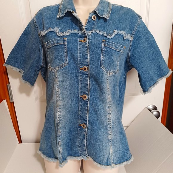 Vintage Carolina Blues Denim Shirt XL Raw Edges Button Down Short Sleeve Western - Picture 2 of 12